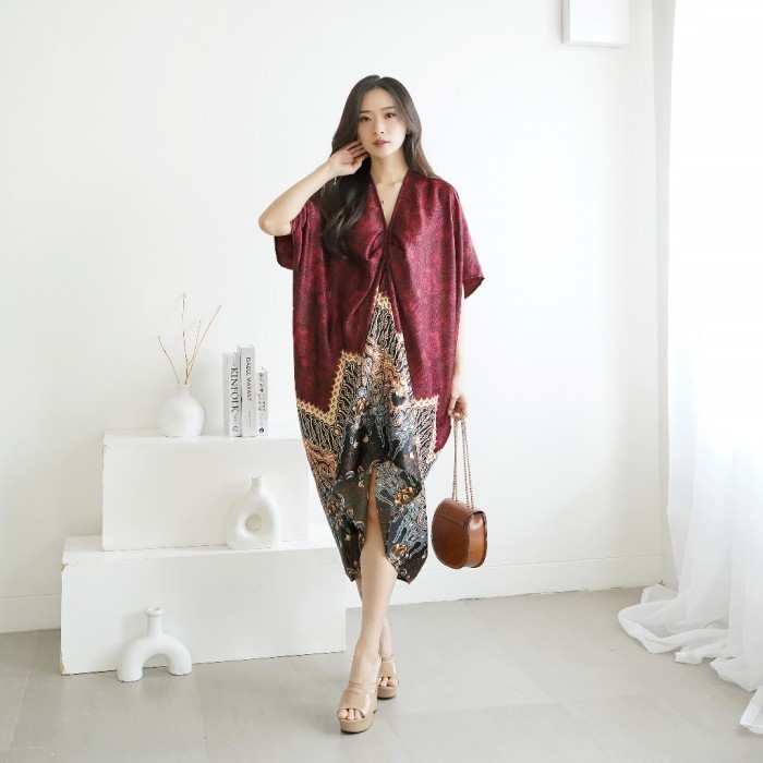 kaftan tunik Terbaru Dress Kaftan Batik Atasan Terusan Wanita Kondangan Pesta - Maroon MURAH