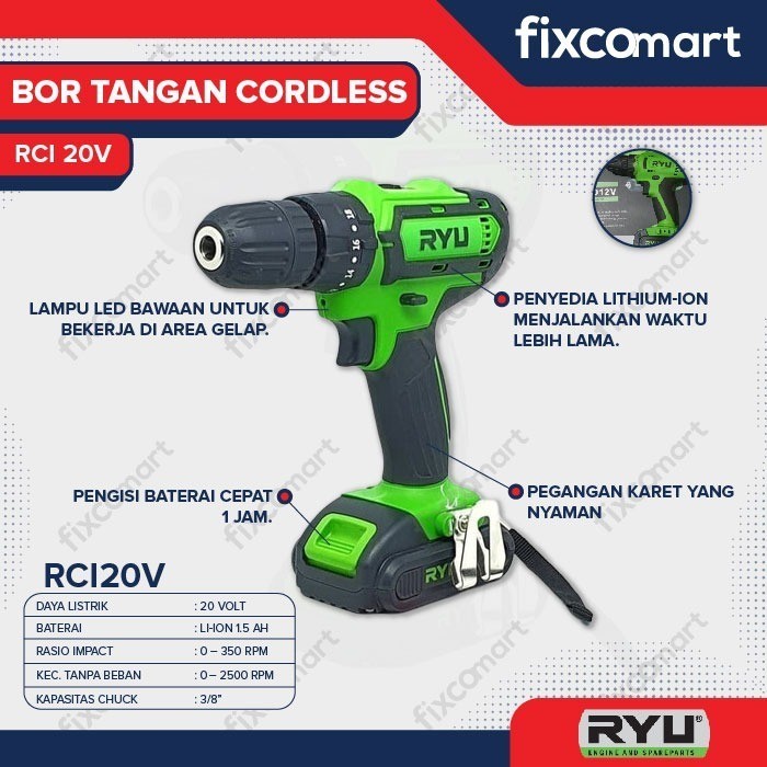 Ryu Mesin Bor Tangan Cordless Rcd 12V / Mesin Bor Baterai Portable