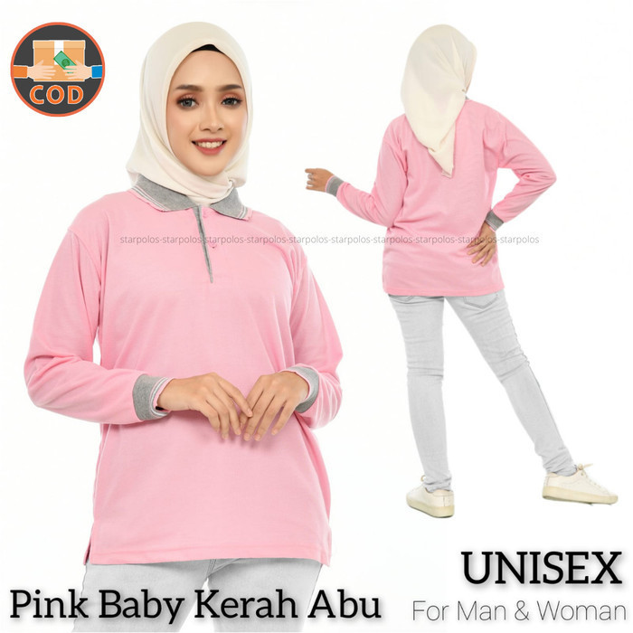 READY Kaos kerah polo shirt lengan panjang wanita PINK KERAH ABU/ PINK BABY Silahkan diorder