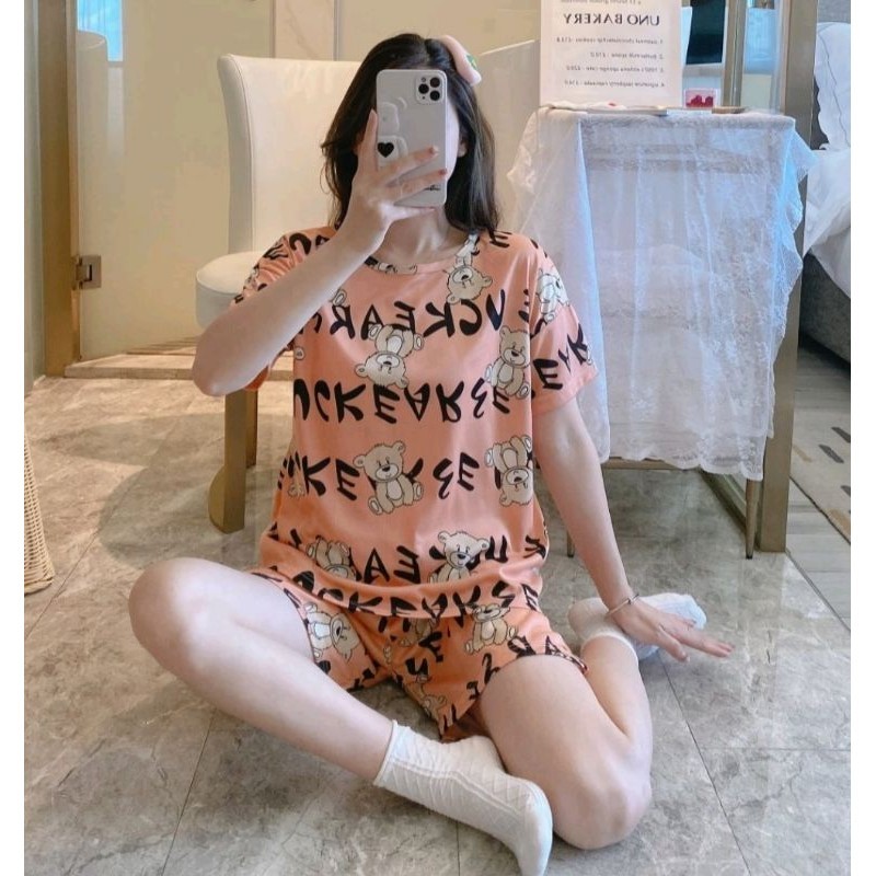 Baju Tidur Wanita Piyama Lengan Pendek 1 Set (Atasan & Bawahan)