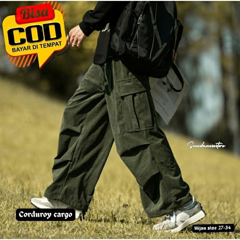 [ONLINE EXCLUSIVE] Celana cargo corduroy hijau panjang pria