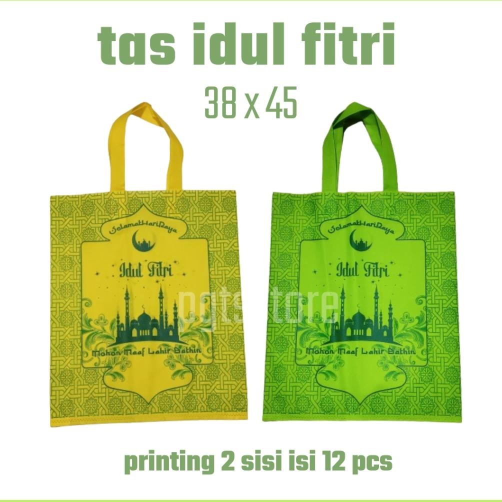 

Hemat Akbar" Tas idul fitri print 2 sisi ukr 38 x 45 isi lusinan tas lebaran hammpers hadiah thr ||
