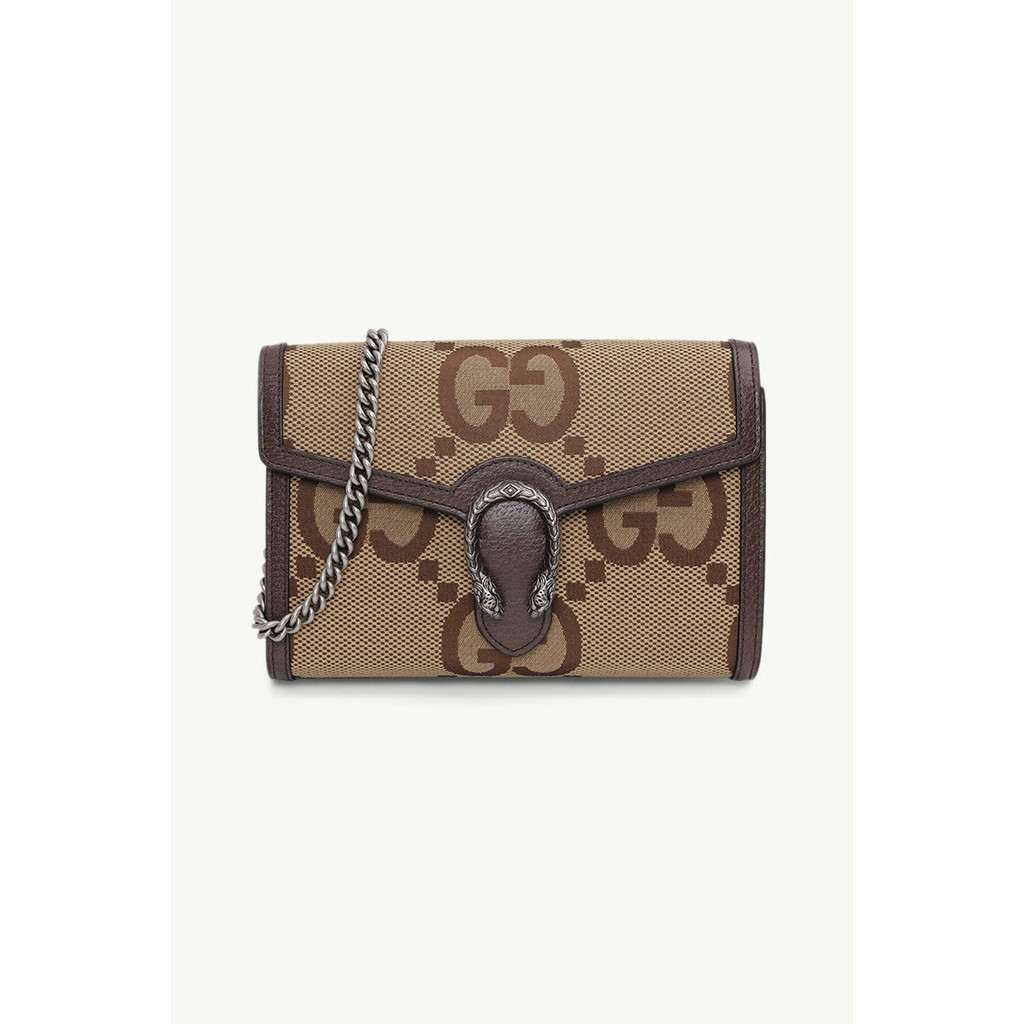 GUCCI Mini Jumbo GG Supreme Dionysus Wallet on Chain in Camel/Ebony Canvas