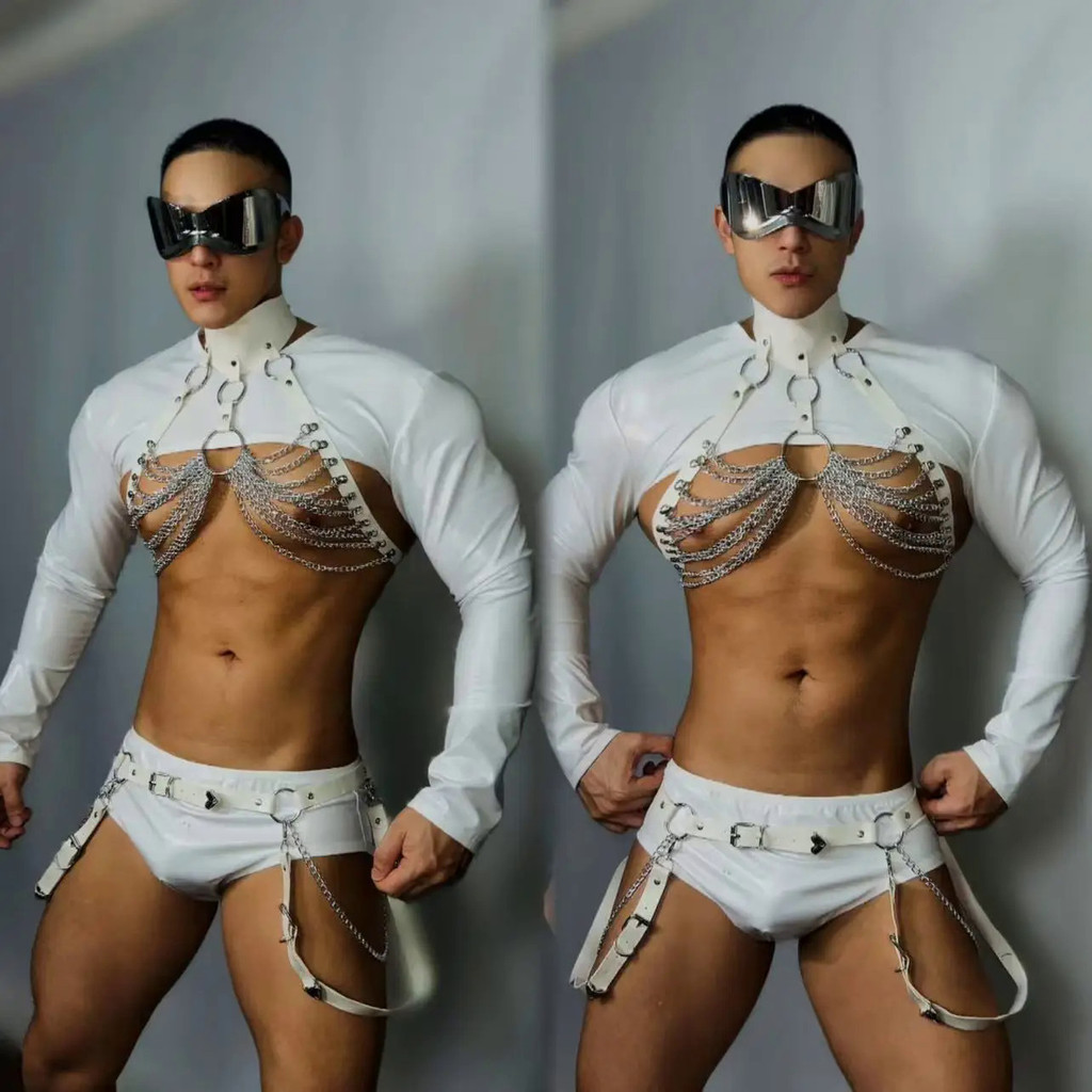 Sexy White Dancer Stage Performance Costume Male Pole Dance Costume Muscle Man Chest Waist Chain Par