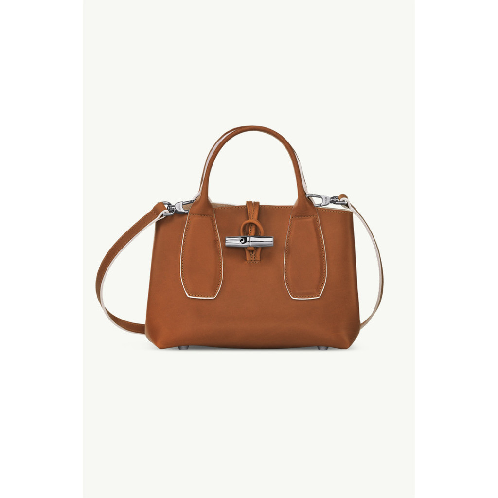 LONGCHAMP Small Roseau Top Handle Bag in Cognac Leather with White Leaning