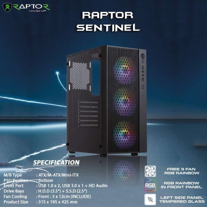 Power Up Raptor Sentinel Atx With 3 Fan Case Rgb