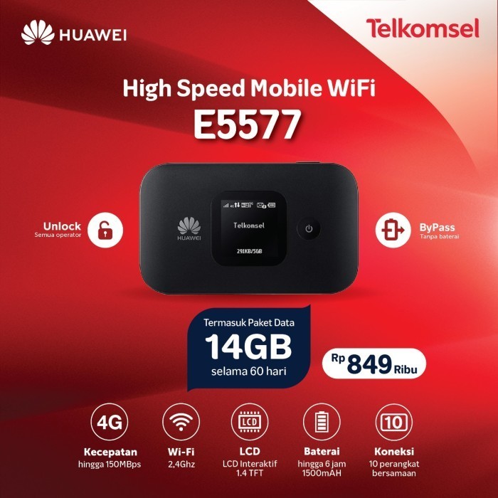 Modem Wifi 4G MIFI Huawei E5577 Telkomsel Unlock Free 14GB