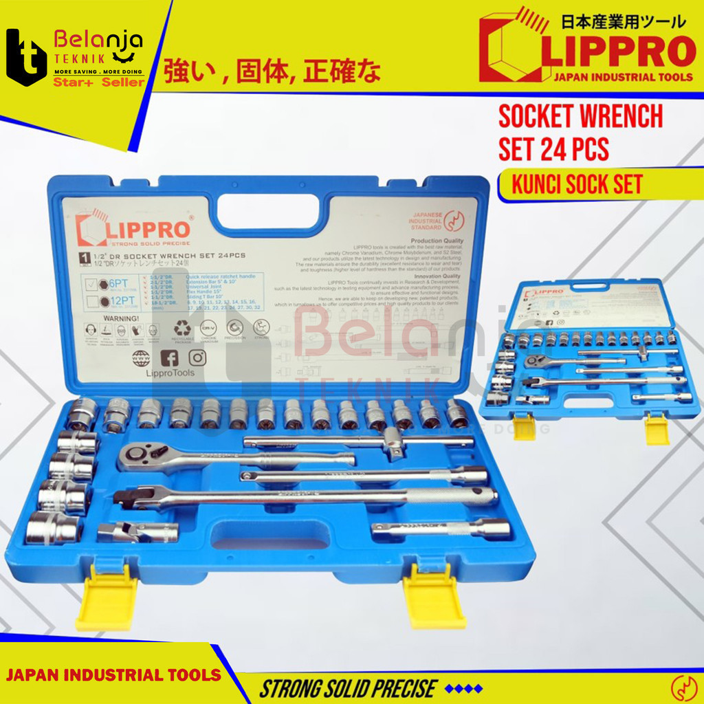 Lippro Kunci Shock Set 8-32 mm 1/2" Hand Socket 24 Pcs 6 PT Mata Sok