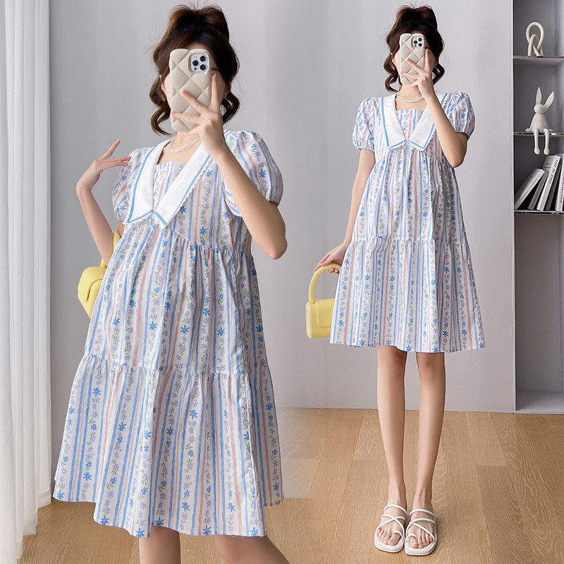 Gaun Ibu Hamil Baru, Baju Ibu Hamil Setengah Panjang Modis Bermotif Korea Musim Panas