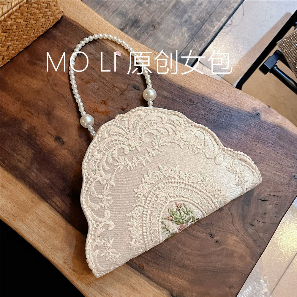 Retro French Women's Bag Irregular Lace Pearl Chain Bag