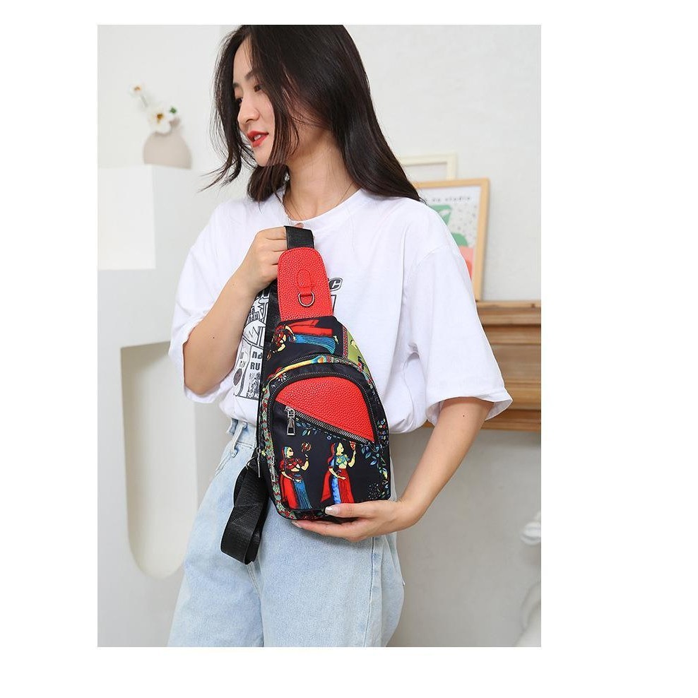 Tas Selempang Dada Wanita, Tas Selempang Dada Kain Oxford Gaya Nasional Gaya Korea Baru