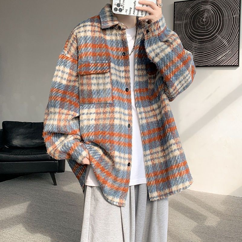 Setelan Luar Pria Kotak-kotak Gaya ChannelinsJaket Kaus Malas Gaya Jepang Musim Gugur dan Musim Ding