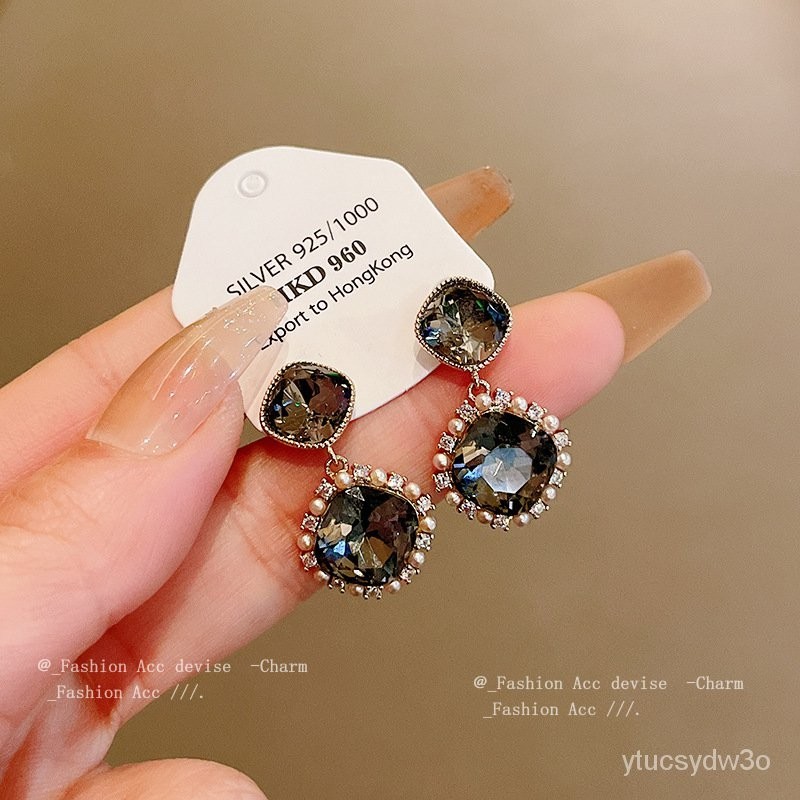 Anting-Anting Persegi Mutiara Bertatahkan Berlian Imitasi PerakinsFashion Giwang Kelas Tinggi Anting