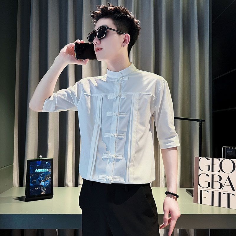 Kemeja Setengah Lengan Gaya Tiongkok, Kemeja Lengan Pendek Merek Mode, Kemeja Lengan Setengah Tampan