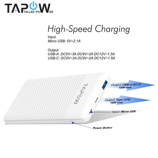 Power Bank 10000Mah Slim Pd 18W Qc 3.0 Quick Charging Tapow Tp01-Wht