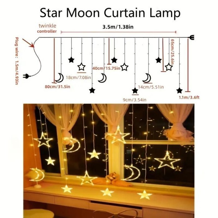 Lampu Led Hiasan Idul Fitri / Lampu Tirai Bulan Bintang Kelap-Kelip