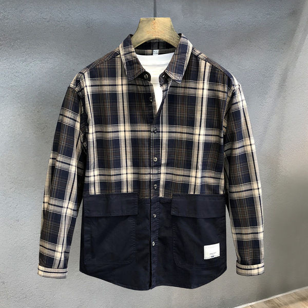 Men's Retro Stitching Plaid Shirt Long-Sleeved Shirt