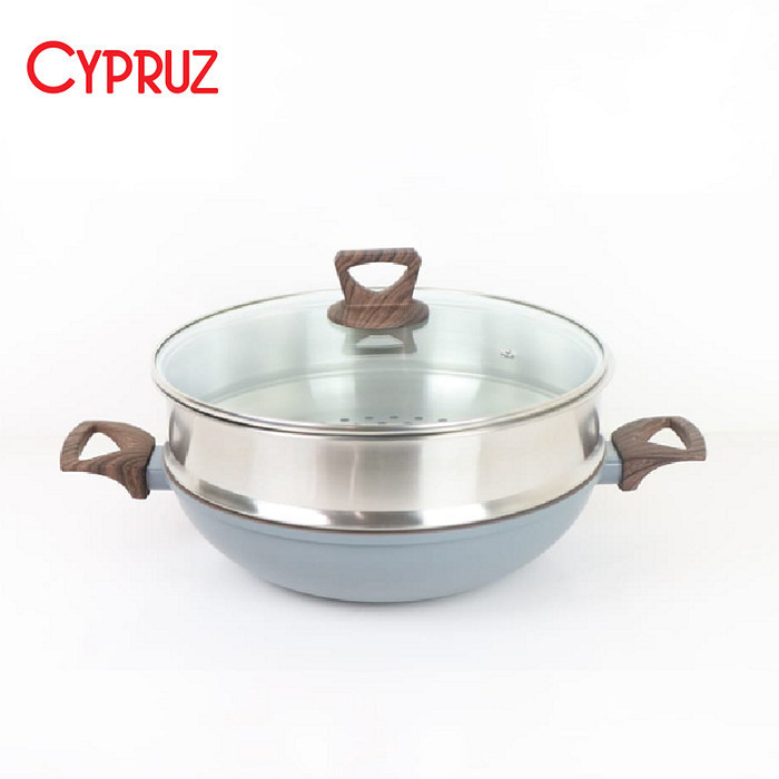 Cypruz Fp-1230 Wok Pan 30 Cm Kuali Steamer Anti Lengket + Tutup