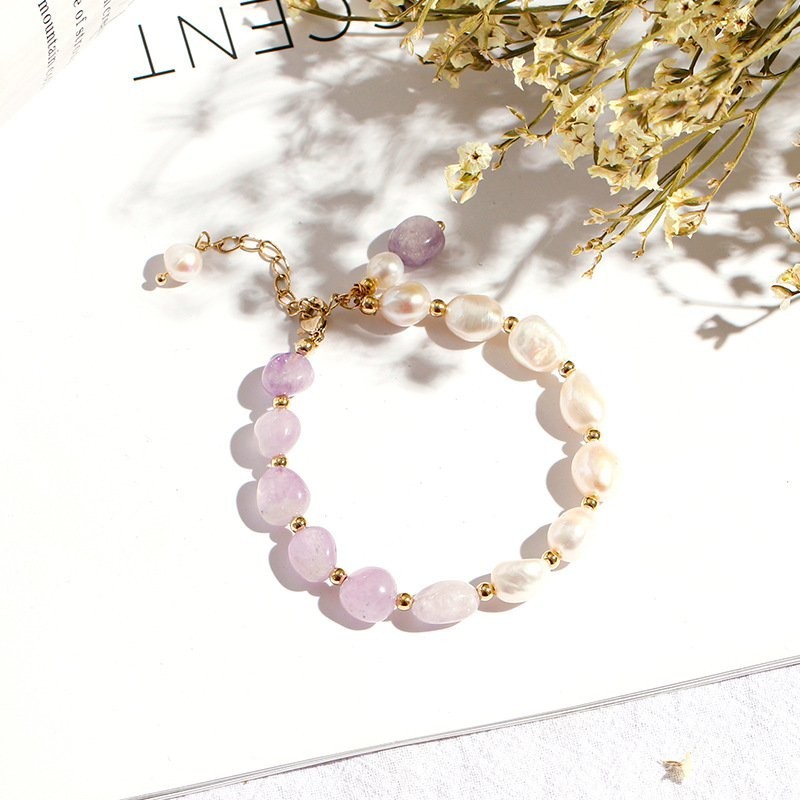 Gelang Mutiara Siswa Perempuan Korea Lavender Amethyst Oval Gelang Manik-manik Beruntung Hadiah Mani