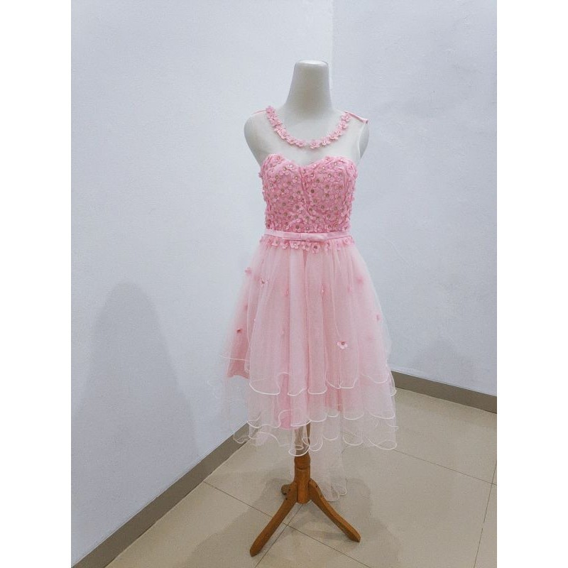 Dress Pesta Pink Bunga-Bunga Sleeveless Rok Depan Pendek Belakang Panjang / Dress Ekor / evening gow