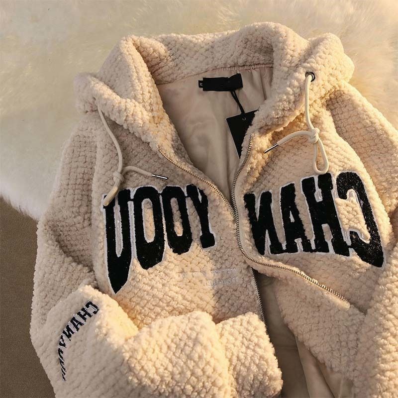 Gaya KoreavintageMantel Bertudung Huruf Bordir untuk Pria dan Wanita, Mantel Retro Gaya Korea Musim 