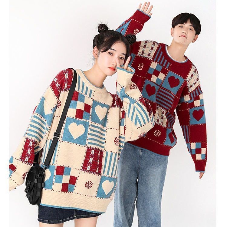 Cinta Kotak-kotak Retro AmerikainsSweater Natal, Mantel Sweater Natal Pasangan Musim Gugur dan Musim