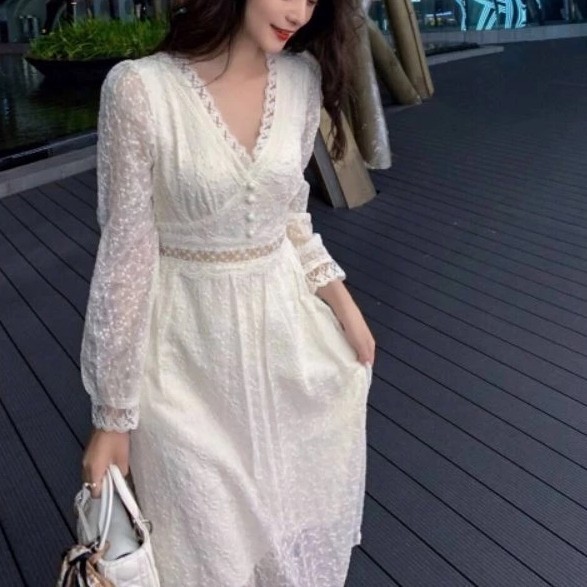 Midi Dress Lace Princess White Vintage Korean Styel Elegant Classy Termurah