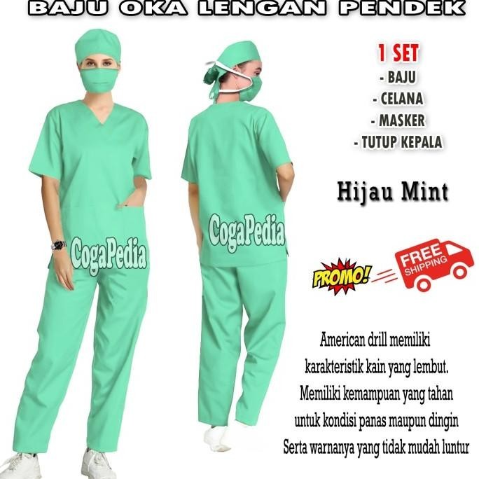 Baju perawat lengan pendek / baju oka pria dan wanita / baju dokter - S, hijau mint