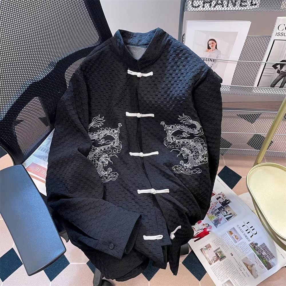 Kaos/Kemeja/Pria/Naga/Vintage Embroidered Dragon Pattern Long Sleeve Shirt for Men