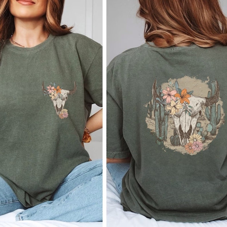 Kemeja Tengkorak Sapi Antik Kemeja Tengkorak Sapi Bunga Kemeja Musik Country Kemeja Musik Barat Kaos