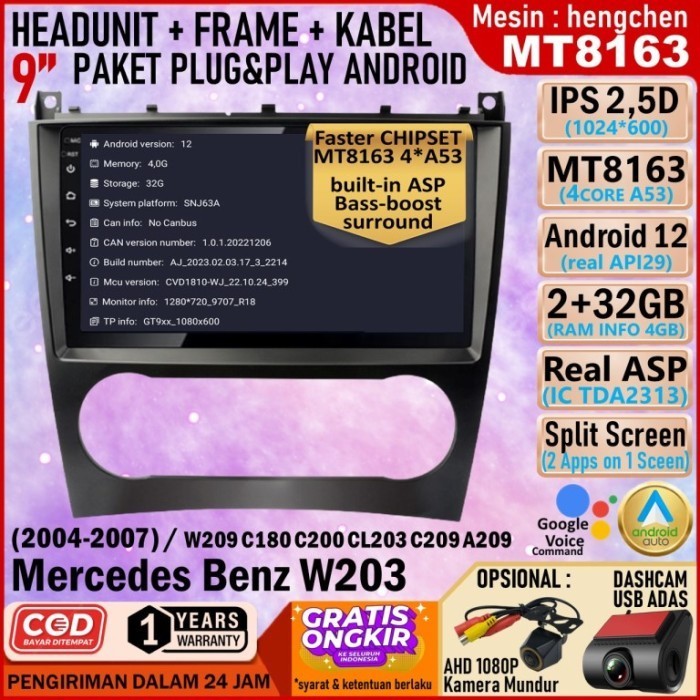 Headunit Android MT8163 2/32GB QLED+ Frame 9 inch Mercedes Benz W203