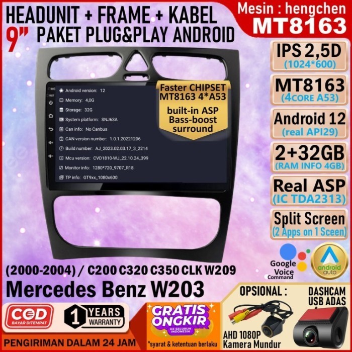 Headunit Android MT8163 2/32GB QLED+ Frame 9 inch Mercedes W203 Hitam