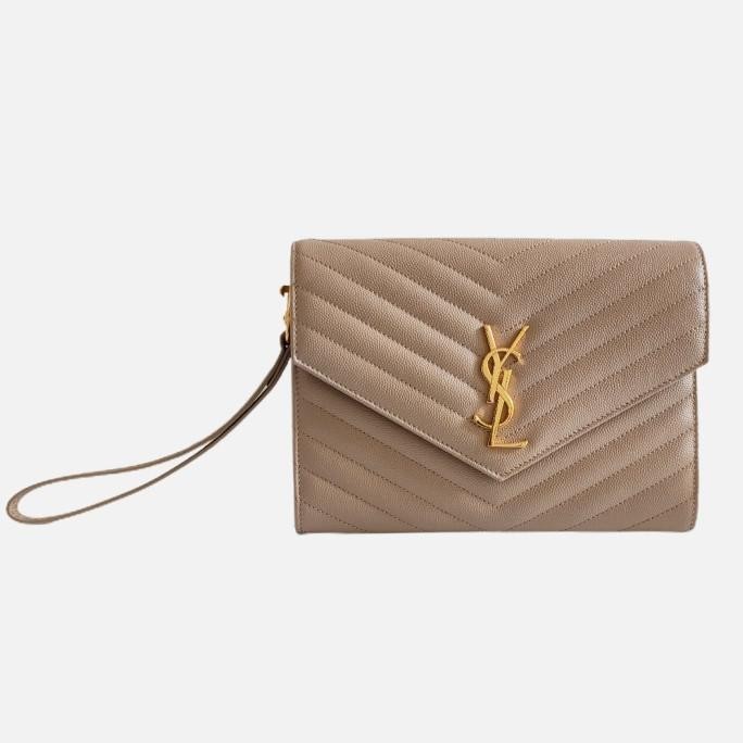 Promo Saint Laurent Ysl Monogram Clutch Dark Beige Ghw