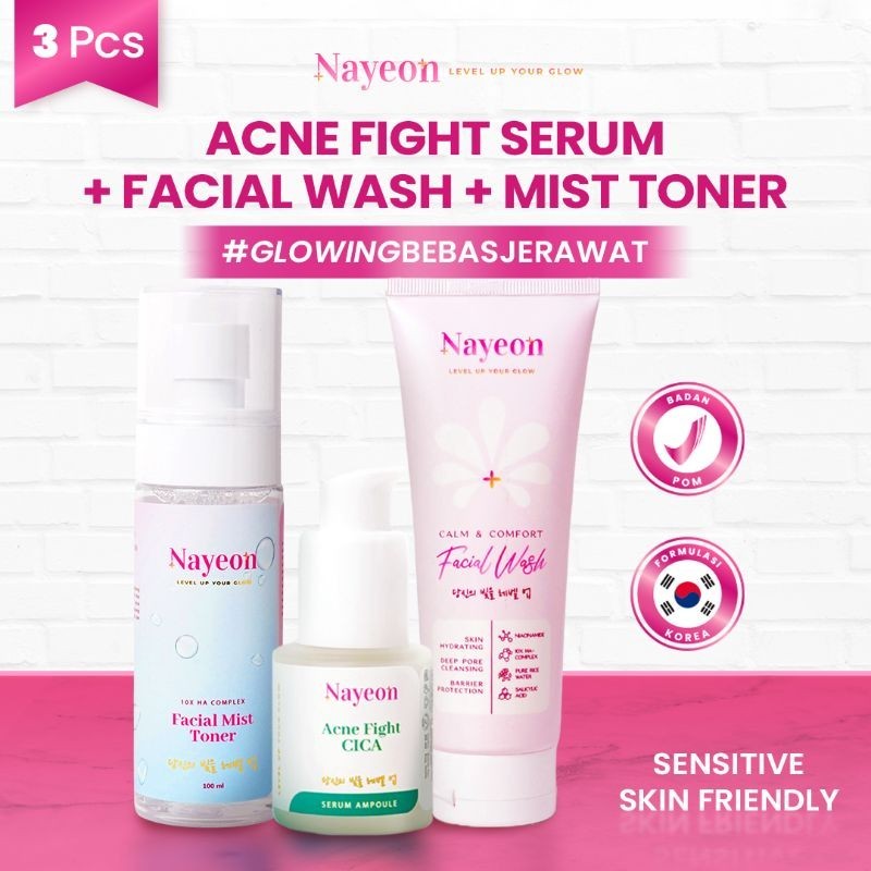 Nayeon skincare korea 3pcs paket facial wash + acne fight cica gel + facial mist toner nayeon