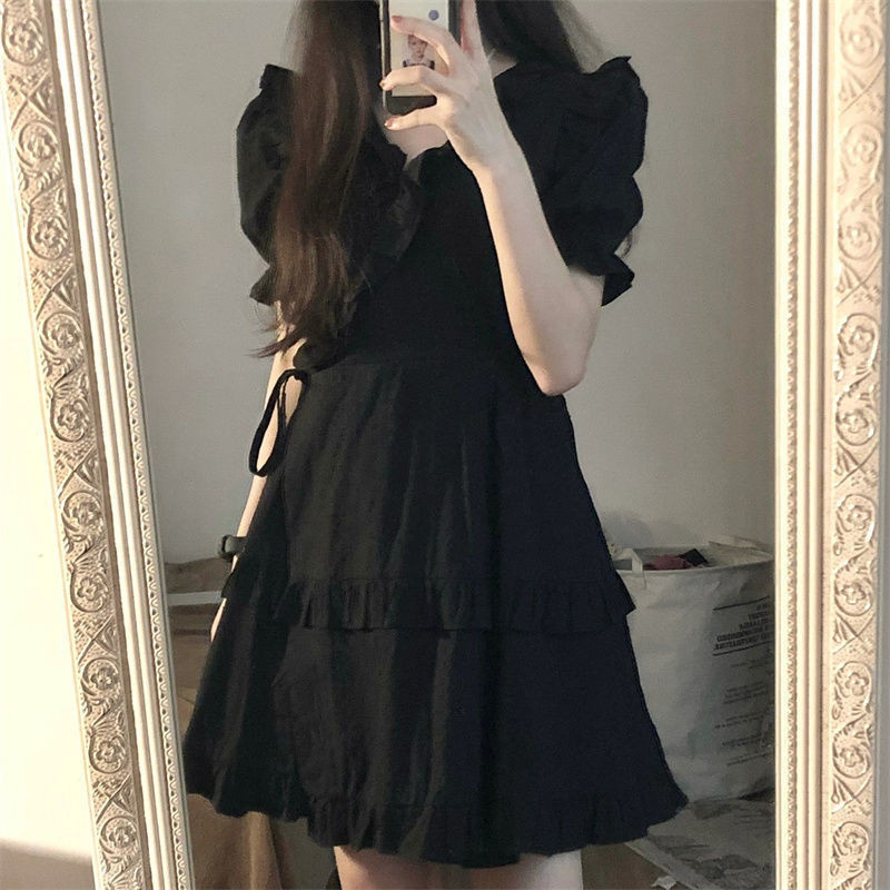 Gaun Hitam Kecil Elegan Gaya Korea Gaun Ketat Pinggang Kerah Boneka Telinga Kayu