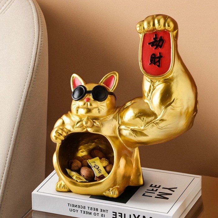 Patung Kucing Berotot Warna Emas Kreatif Gaya Cina