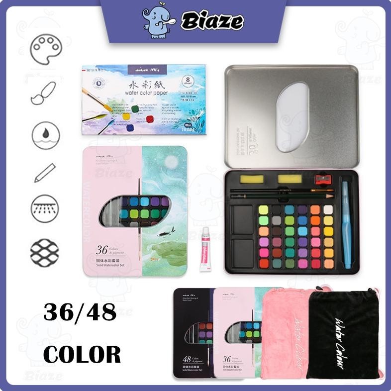 

BIAZE 36/48 WATERCOLOR PAINT SET WARNA SOLID ALAT CAT AIR (TERMASUK KUAS DAN KERTAS GAMBARA) VIRAL