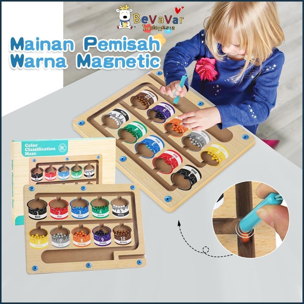 Bevavar Mainan Kayu Penyortiran Warna-Warni Bola Tarikan Magnet Mainan Prasekolah Anak