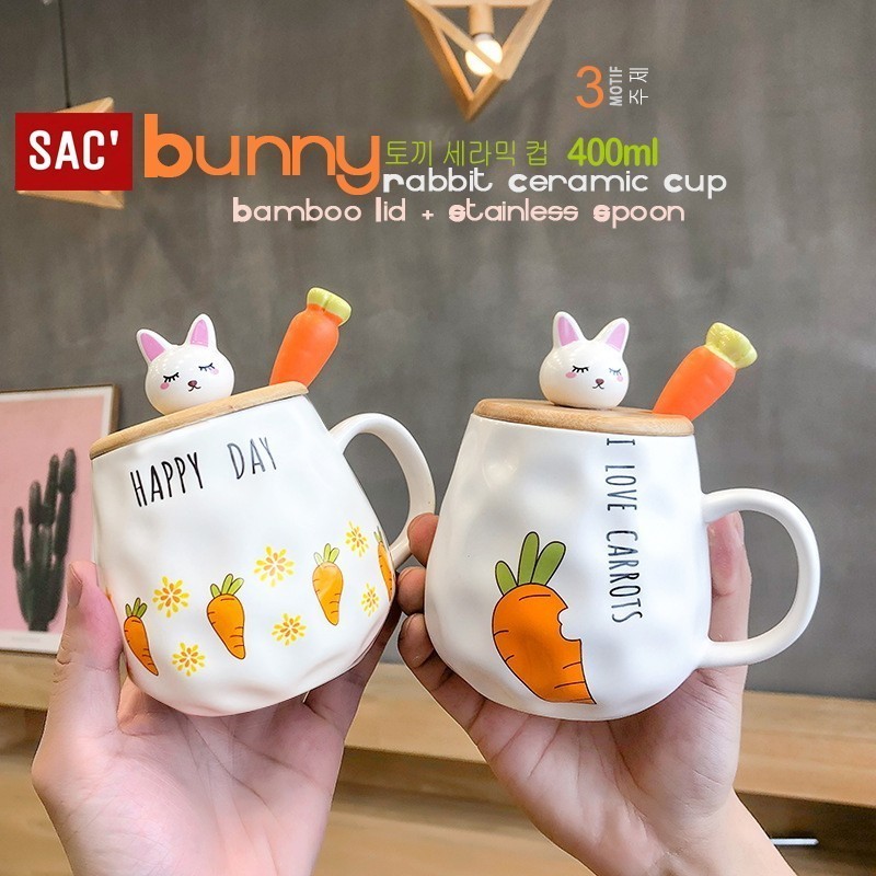 FREE SHIPPING / READY BALI BUNNY RABBIT CERAMIC CUP MUG GELAS KOPI SUSU KERAMIK TUTUP KAYU SENDOK ST
