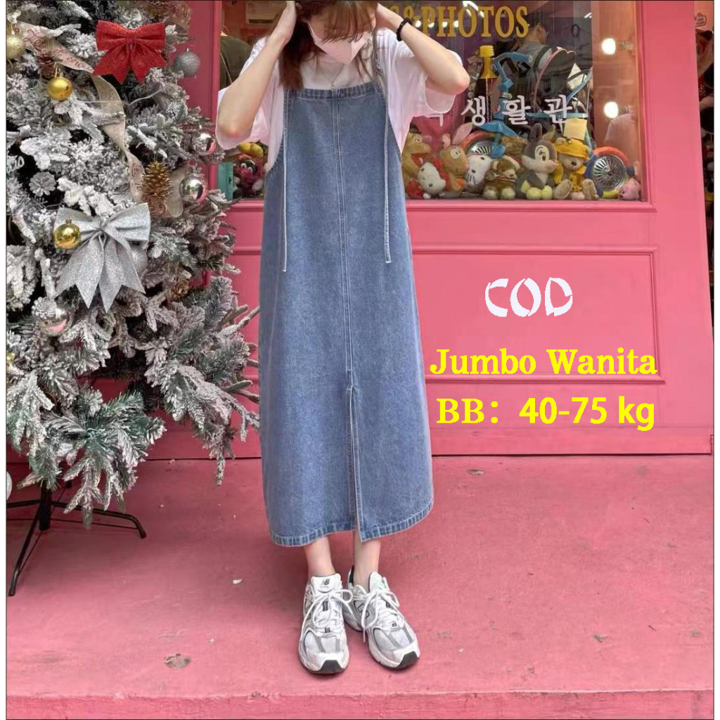 Youngmiss baju kondangan wanita kekinian overall dress jeans jumbo midi dress denim rok belah sampin