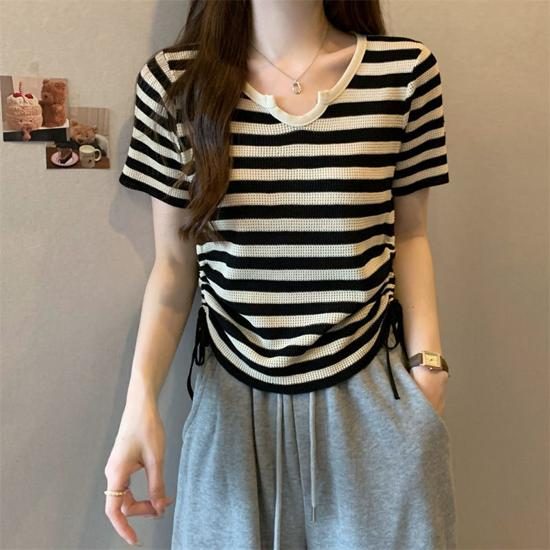 SIXI Knitwear Lengan Pendek Garis Atasan Wanita Baju Rajut Lengan Pendek Garis-Garis