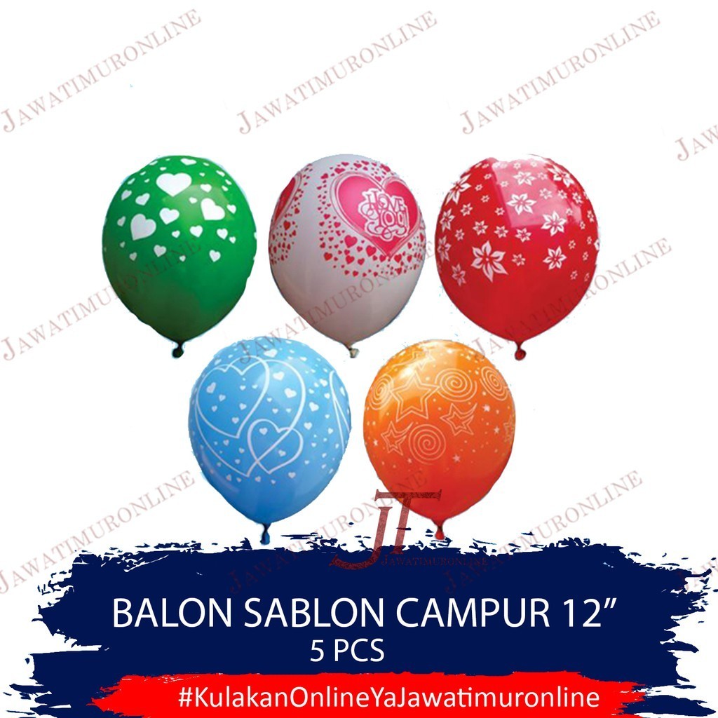 Balon Latex Sablon Campur 12 INCI (isi 5 Biji) Balon Campur 12 INCI