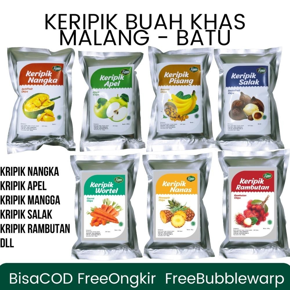 

Fiona Keripik Buah Dan Sayur Apel Nangka Okra Rambutan Paprika Mangga Bombay - Oleh Oleh Khas Malang Netto 50 Gram