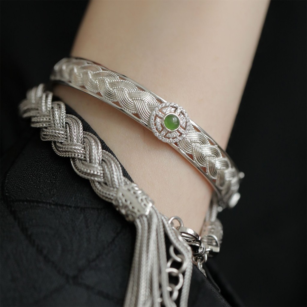 Gelang Renda Anyaman Batu Hijau Gaya Kuno Mode Nasional