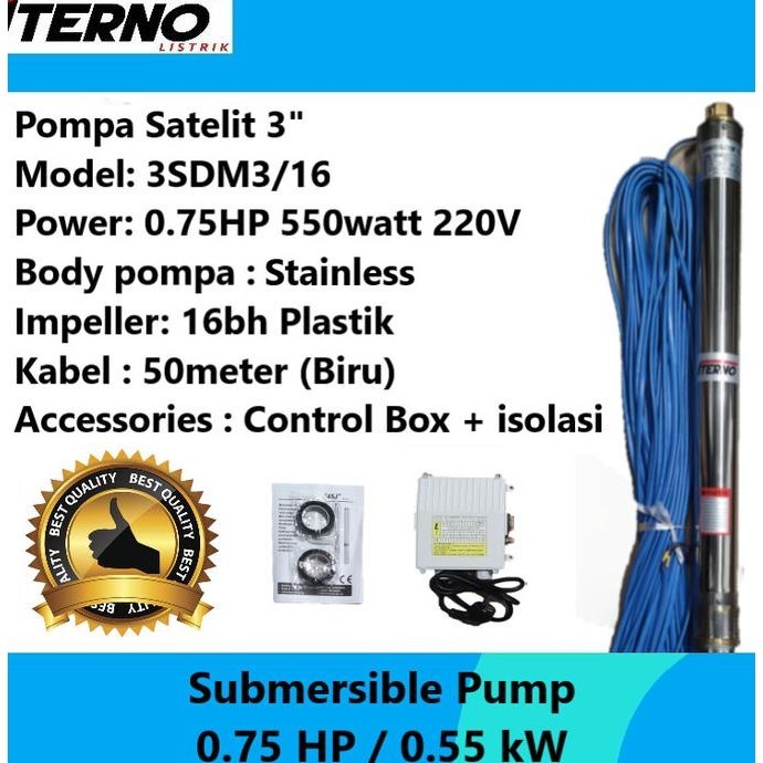 Pompa Satelit Submersible 3 Inch 0.75Hp 0.55Kw Iterno Kabel Biru 50M