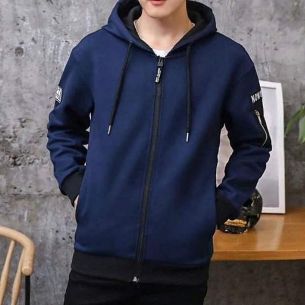 Jaket Pria Now Ori Hoodie Bomber Ziper Beludru Cowo