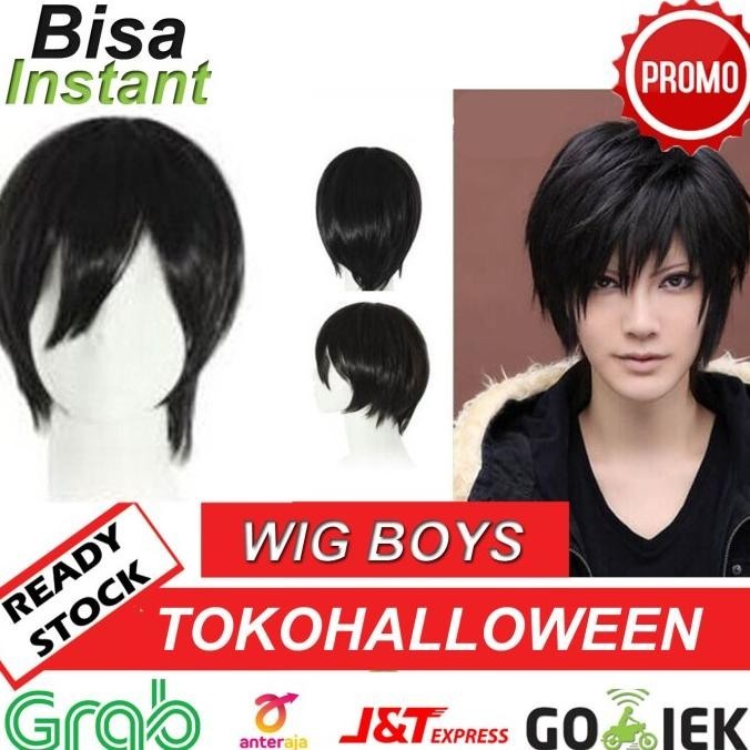 wig hitam cosplay pria pendek