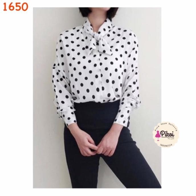 Kemeja Polkadot Impor / Blouse Pita Bintik Bintik Hitam Putih / Syal Terbaik