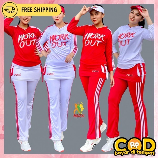 One Set Seragam Ibu2 Stelan Senam Olah Raga Bahan Premium Pakaian Zumba Wanita Dewasa Kekinian Setel