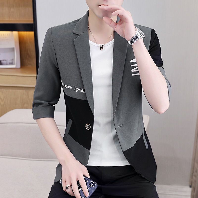 Setelan Pakaian Kasual Lengan Tiga Perempat Pria, Setelan Jas Kecil Slim Fit Gaya Korea, Setelan Kas